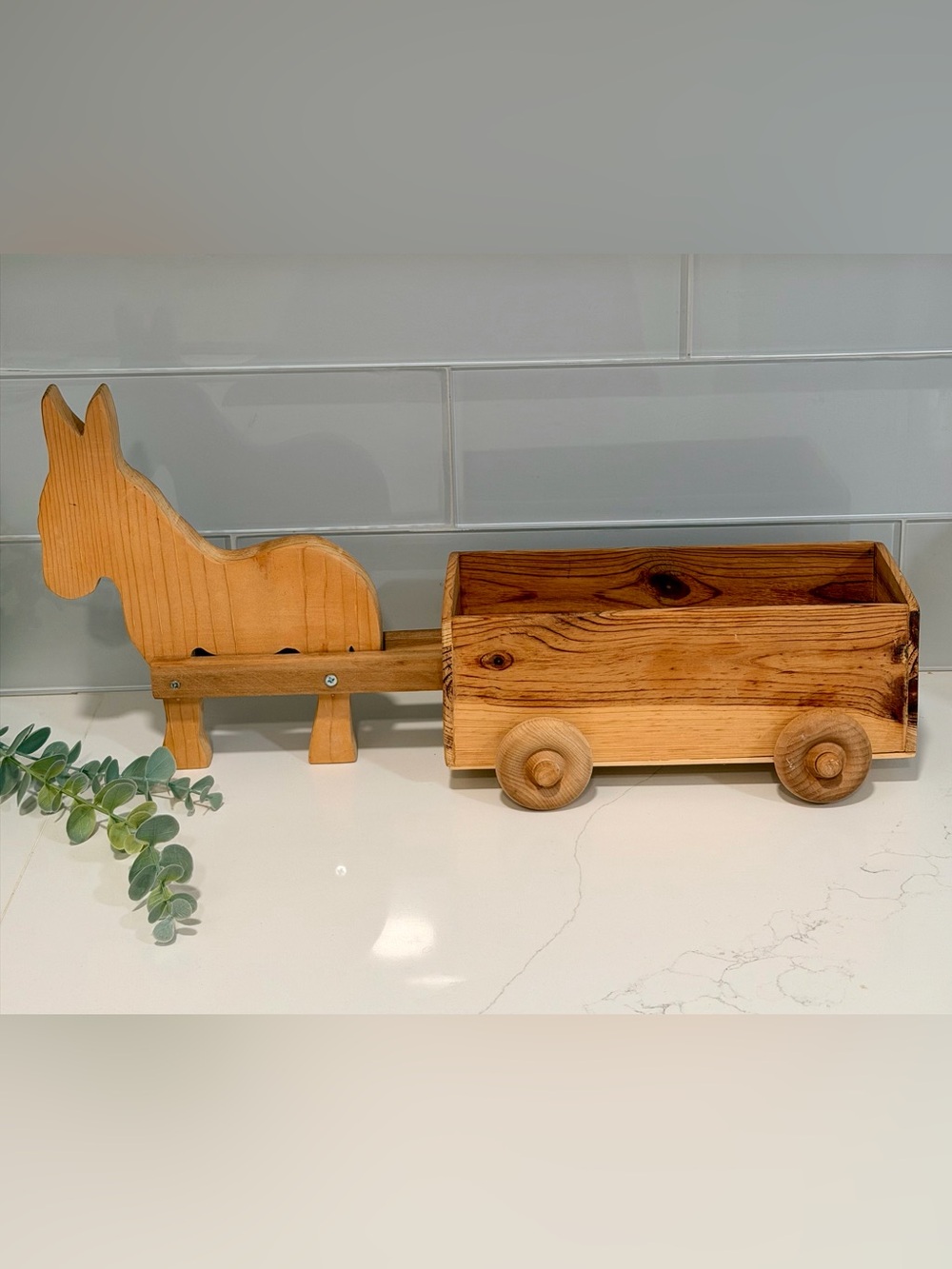 Vintage Hand Carved Wood Wagon Cart Horse Donkey Decoration Toy Or Planter